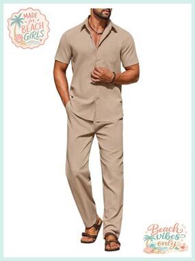 Men's Linen 2 Piece Outfit Short Sleeve Button Down Shirt and Pants